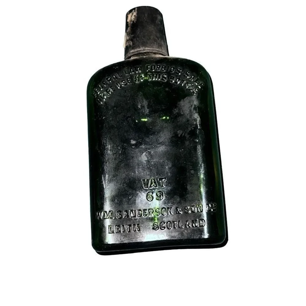 Antique Leith Scotland Black Glass Sanderson & Son Liquor Bottle Size 7” x 3.5”